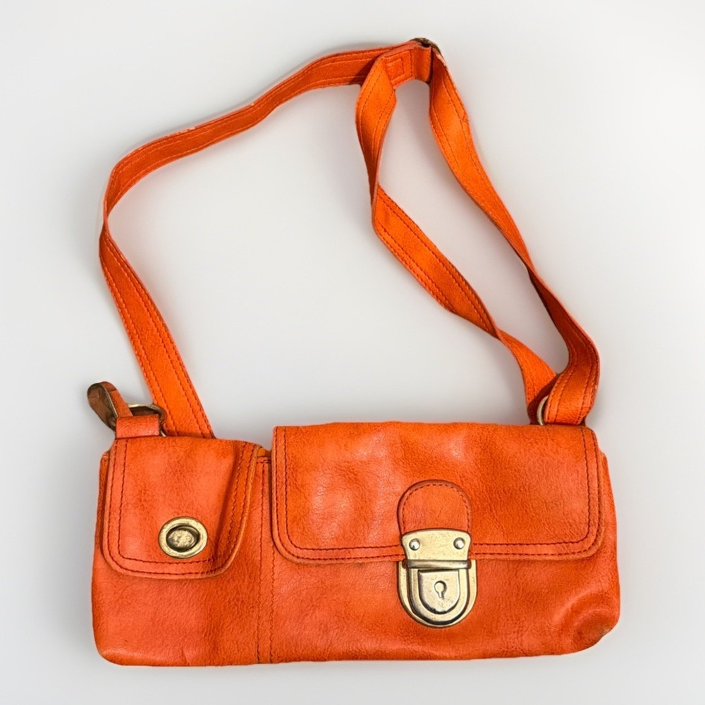 Mark. Orange Mini Crossbody Bag Button Accent Antiqued Gold Hardware 4.5 x 11 in